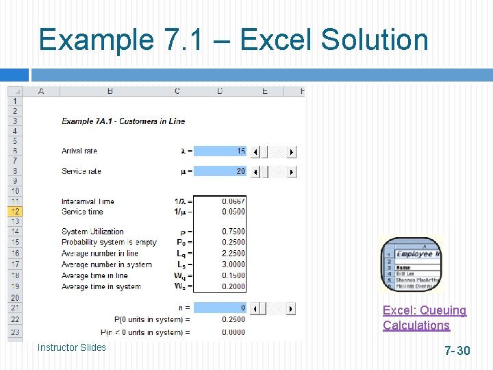 Example 7. 1 – Excel Solution Excel: Queuing Calculations Instructor Slides 7 - 30