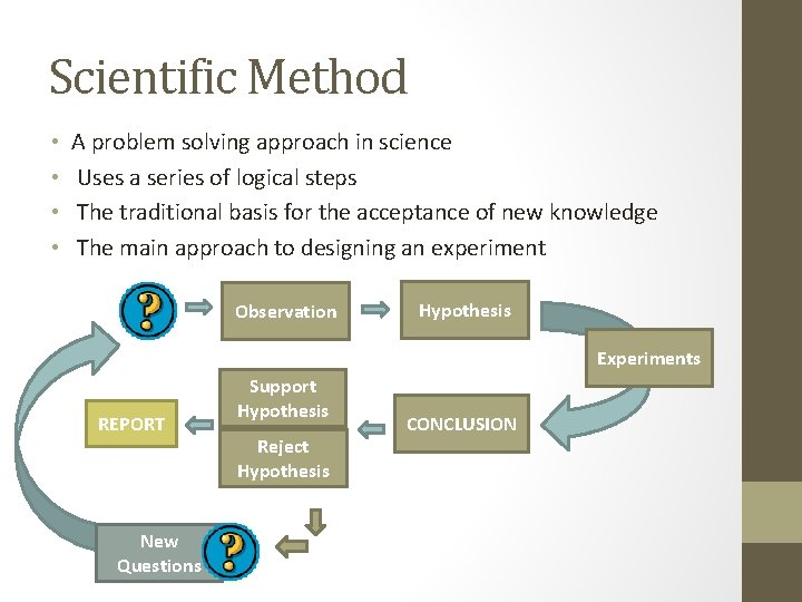 Scientific Method • • A problem solving approach in science Uses a series of