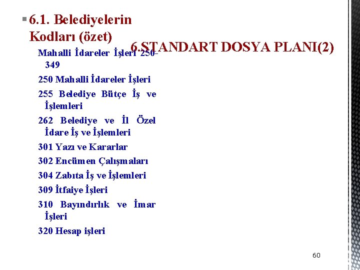 § 6. 1. Belediyelerin Kodları (özet) 6. STANDART DOSYA PLANI(2) Mahalli İdareler İşleri 250349