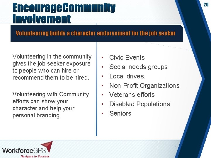 20 Volunteering builds a character endorsement for the job seeker Volunteering in the community