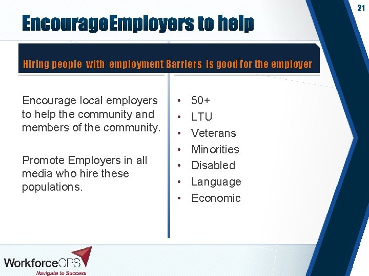 21 Hiring people with employment Barriers is good for the employer Encourage local employers