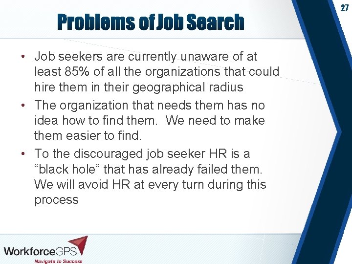 27 • Job seekers are currently unaware of at least 85% of all the