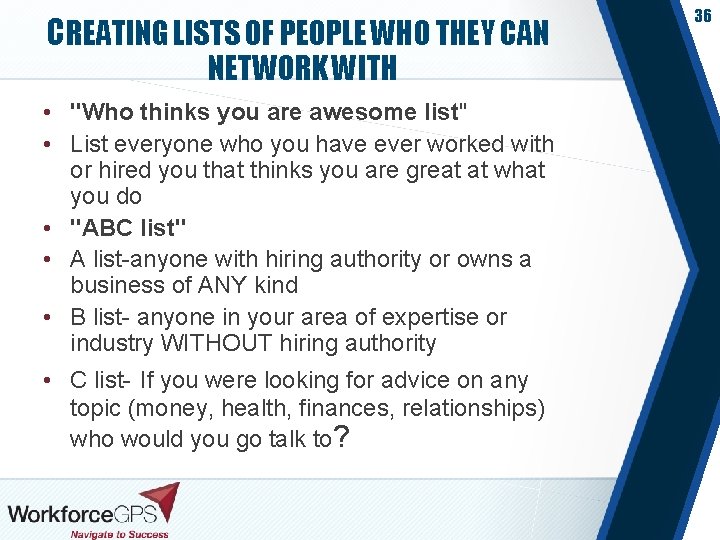 CREATING LISTS OF PEOPLE WHO THEY CAN NETWORK WITH • "Who thinks you are