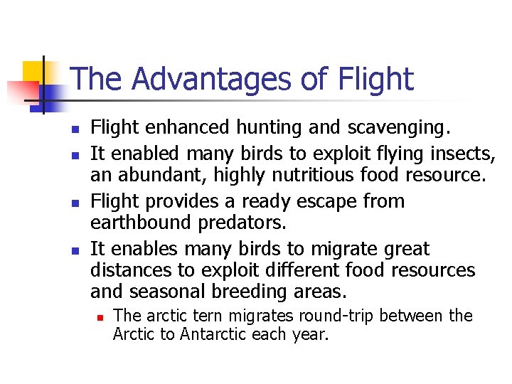 The Advantages of Flight n n Flight enhanced hunting and scavenging. It enabled many