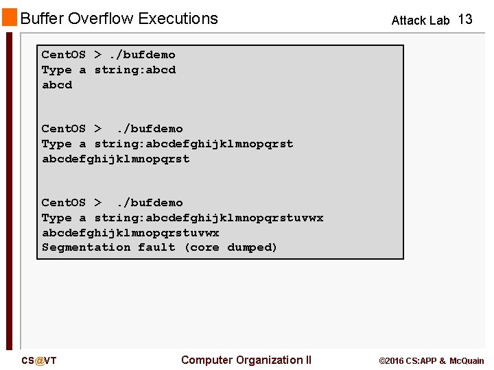 Buffer Overflow Executions Attack Lab 13 Cent. OS >. /bufdemo Type a string: abcdefghijklmnopqrst