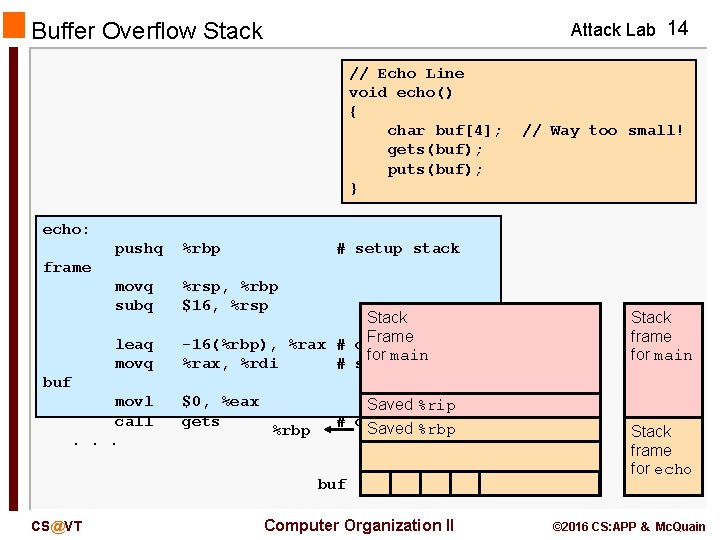 Attack Lab 14 Buffer Overflow Stack // Echo Line void echo() { char buf[4];