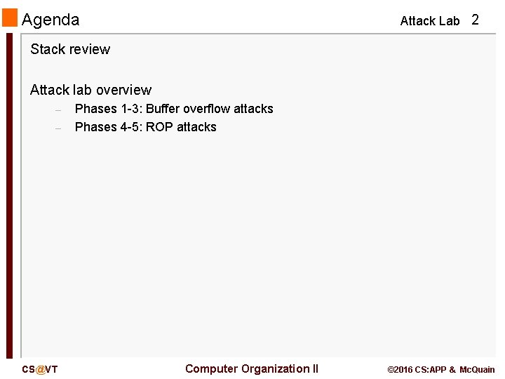 Agenda Attack Lab 2 Stack review Attack lab overview – – CS@VT Phases 1