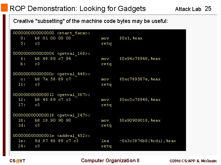 ROP Demonstration: Looking for Gadgets Attack Lab 25 Creative "subsetting" of the machine code