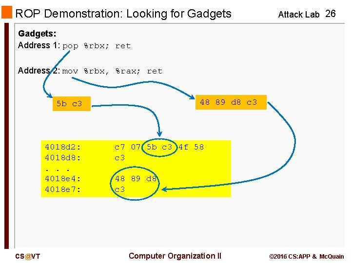 ROP Demonstration: Looking for Gadgets Attack Lab 26 Gadgets: Address 1: pop %rbx; ret