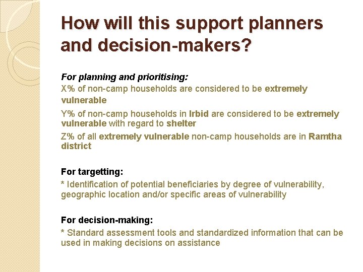 How will this support planners and decision-makers? For planning and prioritising: X% of non-camp