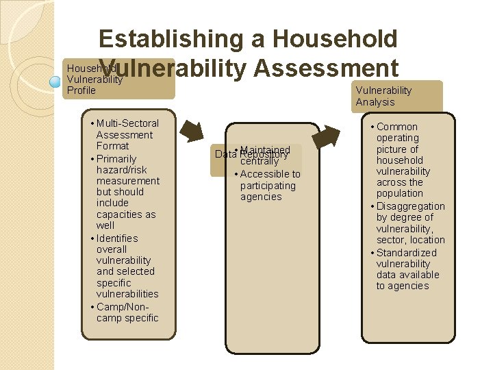 Establishing a Household Vulnerability Assessment Vulnerability Profile • Multi-Sectoral Assessment Format • Primarily hazard/risk