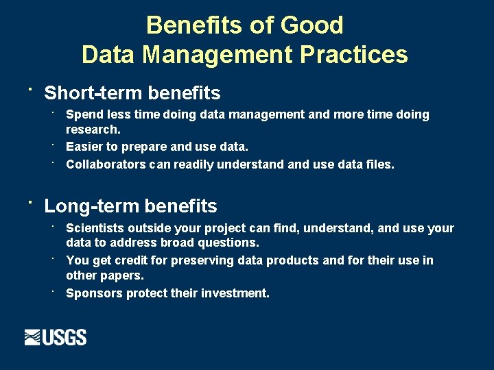 Benefits of Good Data Management Practices · Short-term benefits · Spend less time doing