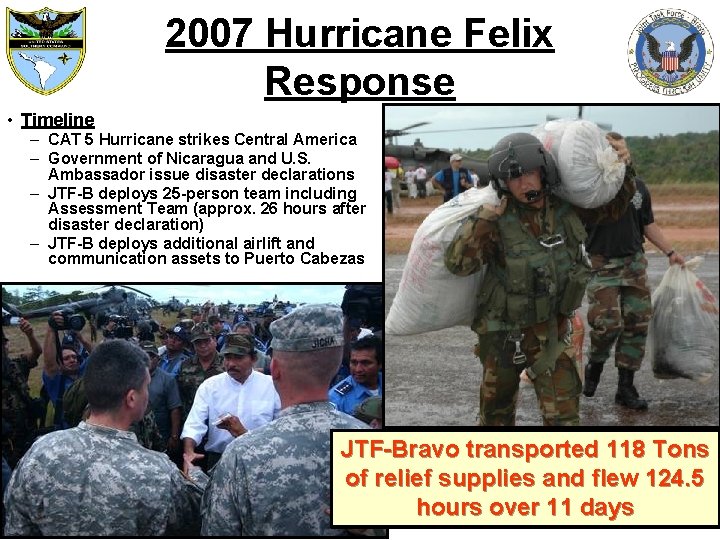 2007 Hurricane Felix Response • Timeline – CAT 5 Hurricane strikes Central America –