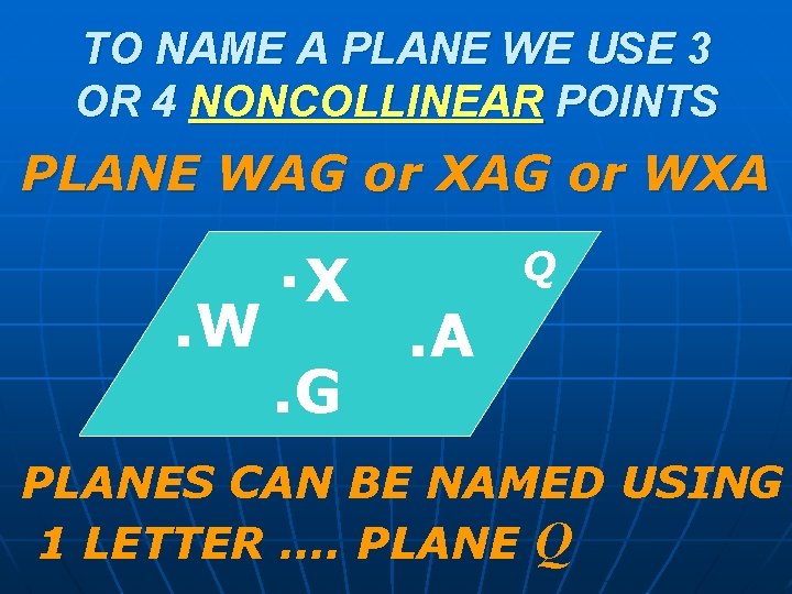 TO NAME A PLANE WE USE 3 OR 4 NONCOLLINEAR POINTS PLANE WAG or