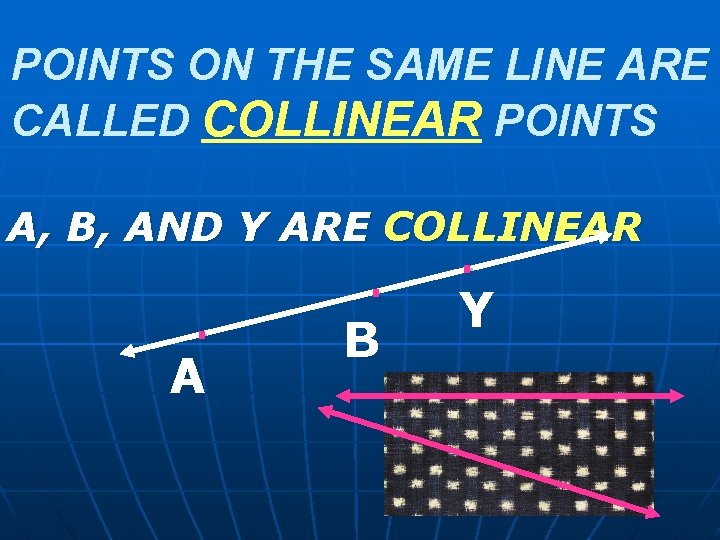 POINTS ON THE SAME LINE ARE CALLED COLLINEAR POINTS A, B, AND Y ARE