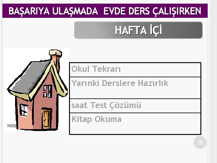 BAŞARIYA ULAŞMADA EVDE DERS ÇALIŞIRKEN HAFTA İÇİ Okul Tekrarı Yarınki Derslere Hazırlık saat Test