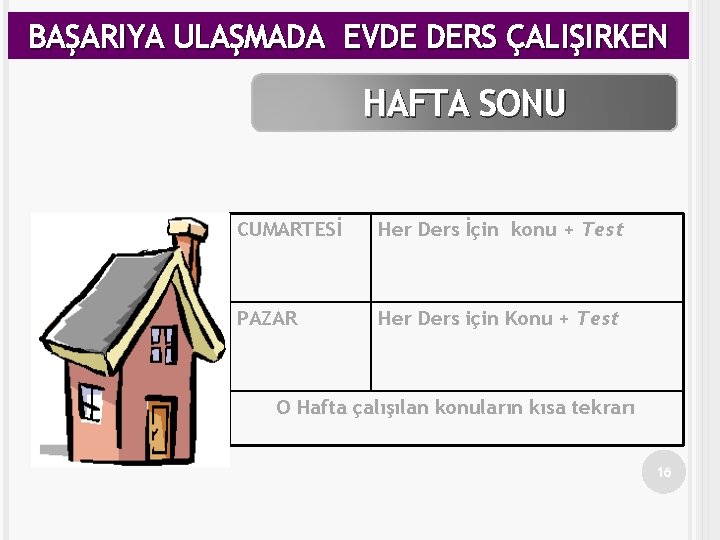 BAŞARIYA ULAŞMADA EVDE DERS ÇALIŞIRKEN HAFTA SONU CUMARTESİ Her Ders İçin konu + Test