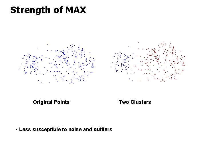 Strength of MAX Original Points • Less susceptible to noise and outliers Two Clusters