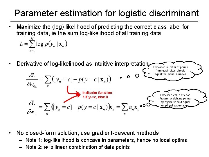 Parameter estimation for logistic discriminant • Maximize the (log) likelihood of predicting the correct