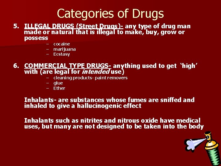 Categories of Drugs 5. ILLEGAL DRUGS (Street Drugs)- any type of drug man made