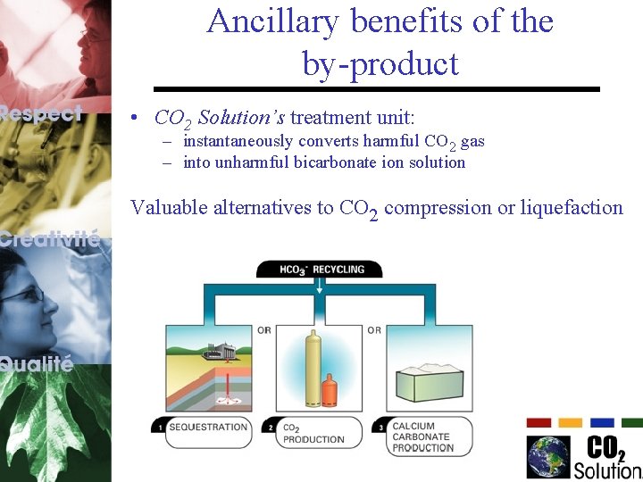 Ancillary benefits of the by-product • CO 2 Solution’s treatment unit: – instantaneously converts