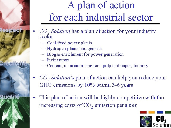 A plan of action for each industrial sector • CO 2 Solution has a