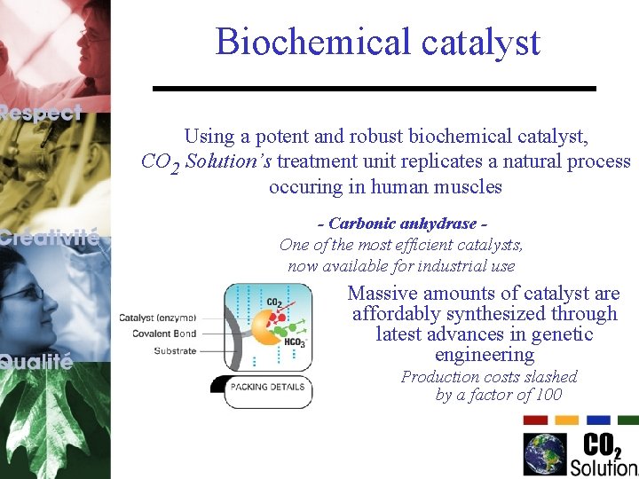 Biochemical catalyst Using a potent and robust biochemical catalyst, CO 2 Solution’s treatment unit