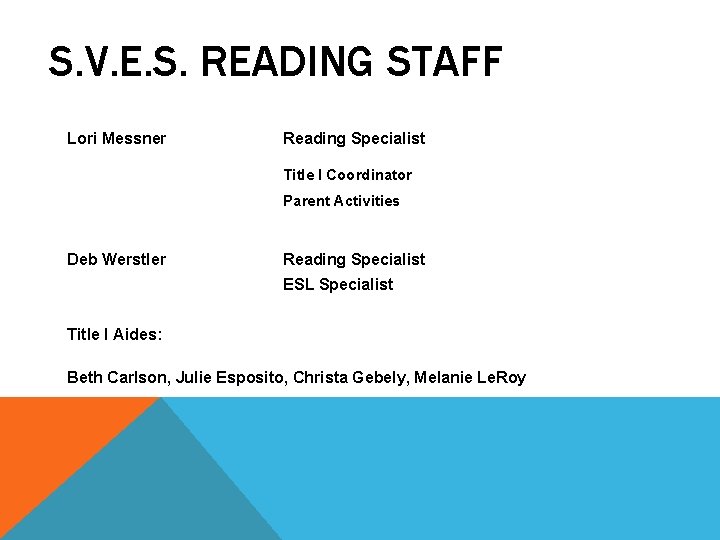 S. V. E. S. READING STAFF Lori Messner Reading Specialist Title I Coordinator Parent