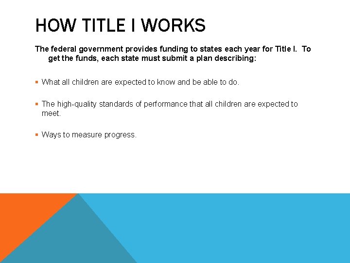 HOW TITLE I WORKS The federal government provides funding to states each year for