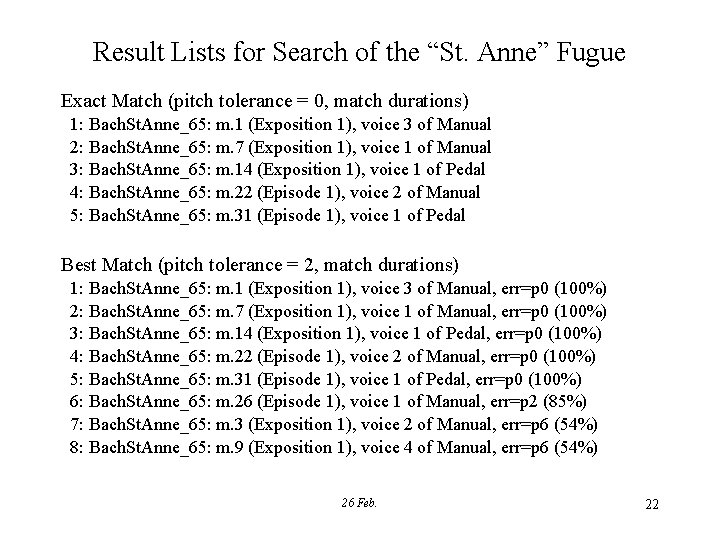 Result Lists for Search of the “St. Anne” Fugue Exact Match (pitch tolerance =