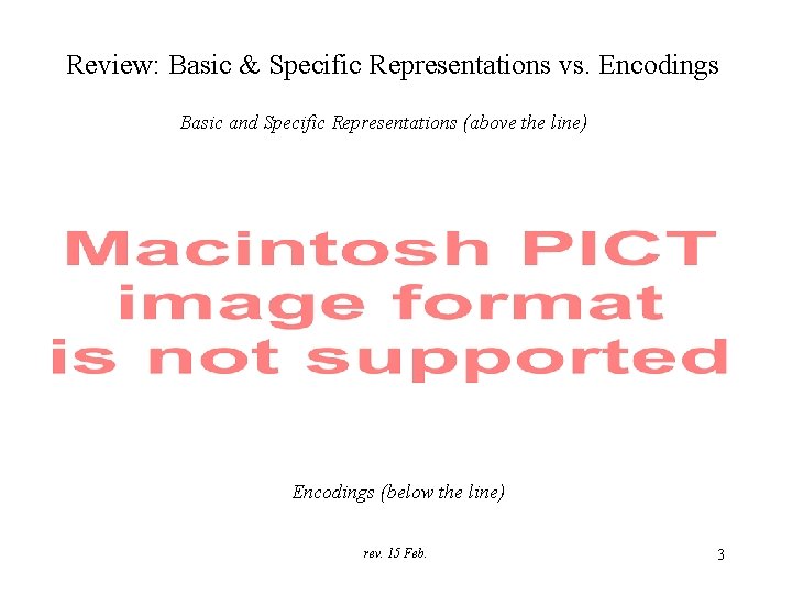 Review: Basic & Specific Representations vs. Encodings Basic and Specific Representations (above the line)