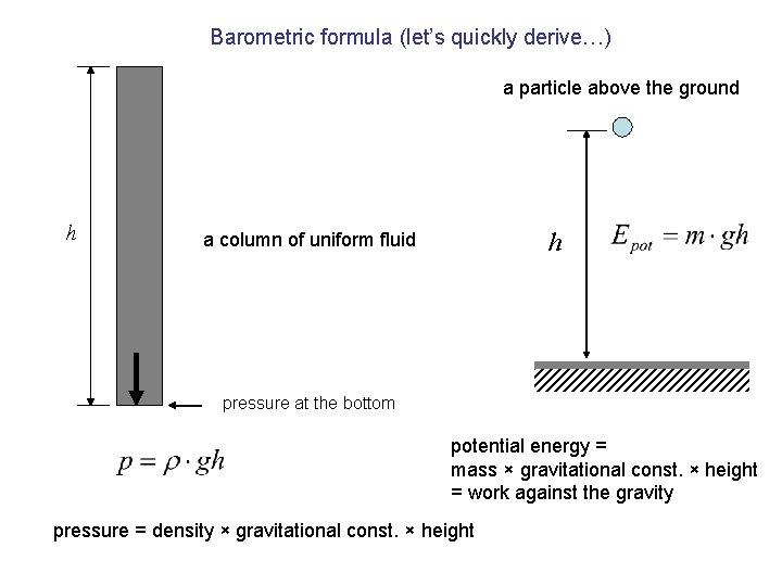 Barometric formula (let’s quickly derive…) a particle above the ground h h a column