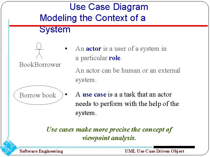 Use Case Diagram Modeling the Context of a System • Book. Borrower Borrow book
