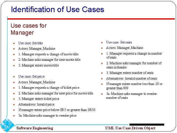 Identification of Use Cases Use cases for Manager ● Use case: Set title ●