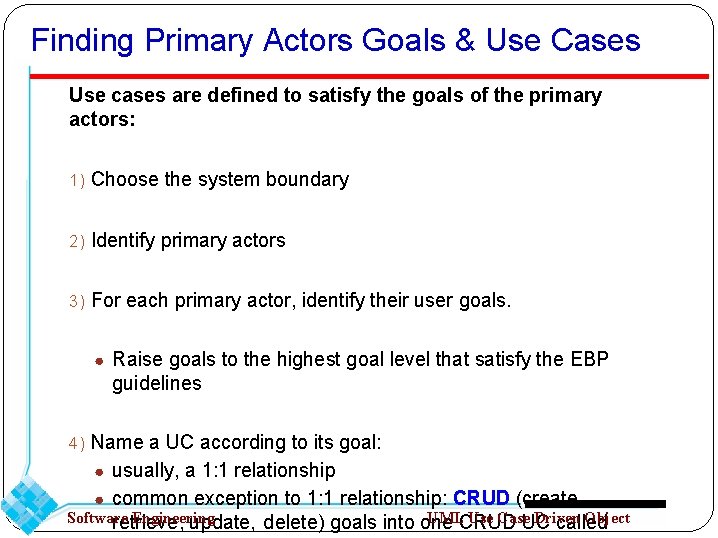 Finding Primary Actors Goals & Use Cases Use cases are defined to satisfy the