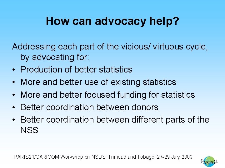 How can advocacy help? Addressing each part of the vicious/ virtuous cycle, by advocating