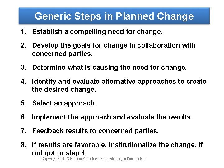 Generic Steps in Planned Change 1. Establish a compelling need for change. 2. Develop