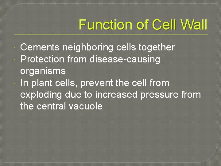 Function of Cell Wall Cements neighboring cells together Protection from disease-causing organisms In plant