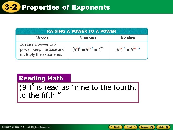 3 -2 Properties of Exponents Reading Math 4 5 (9 ) is read as