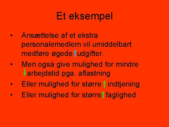 Et eksempel • • Ansættelse af et ekstra personalemedlem vil umiddelbart medføre øgede udgifter.