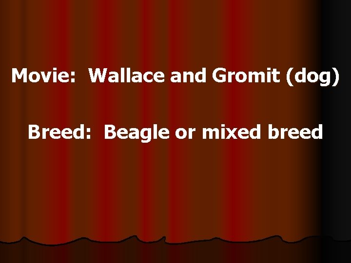 Movie: Wallace and Gromit (dog) Breed: Beagle or mixed breed 
