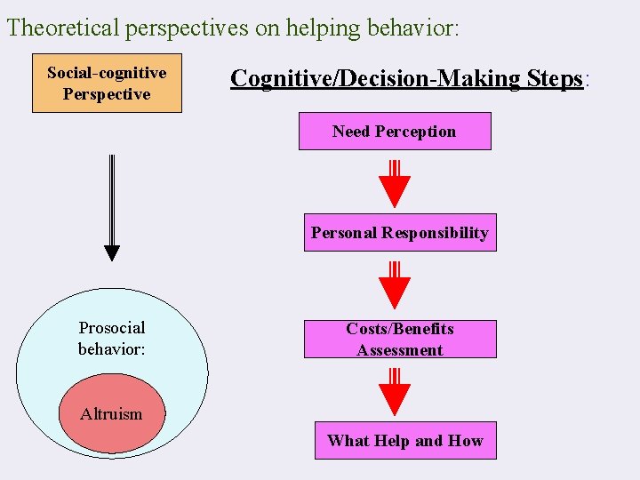 Theoretical perspectives on helping behavior: Social-cognitive Perspective Cognitive/Decision-Making Steps: Need Perception Personal Responsibility Prosocial