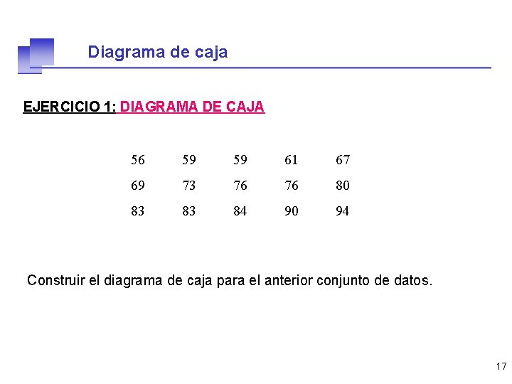 Diagrama de caja EJERCICIO 1: DIAGRAMA DE CAJA 56 59 59 61 67 69