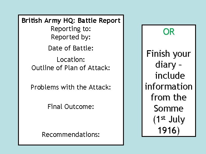 British Army HQ: Battle Reporting to: Reported by: Date of Battle: Location: Outline of