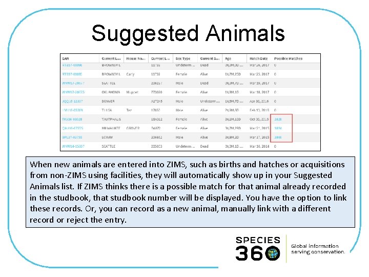 Suggested Animals When new animals are entered into ZIMS, such as births and hatches