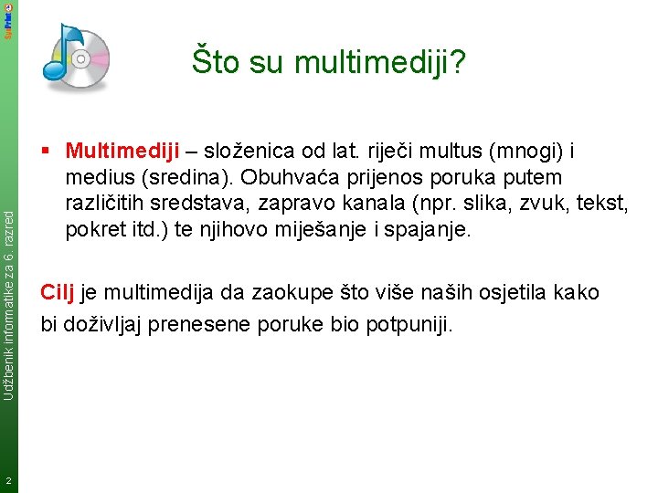 Udžbenik informatike za 6. razred Što su multimediji? 2 § Multimediji – složenica od