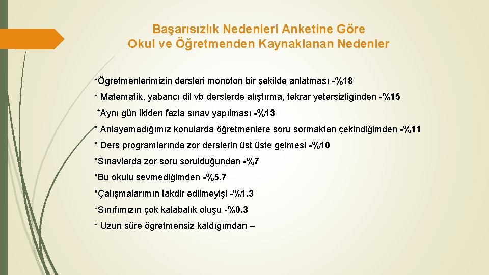 Başarısızlık Nedenleri Anketine Göre Okul ve Öğretmenden Kaynaklanan Nedenler *Öğretmenlerimizin dersleri monoton bir şekilde