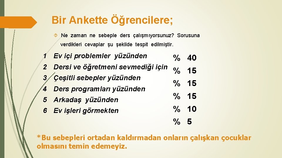 Bir Ankette Öğrencilere; Ne zaman ne sebeple ders çalışmıyorsunuz? Sorusuna verdikleri cevaplar şu şekilde