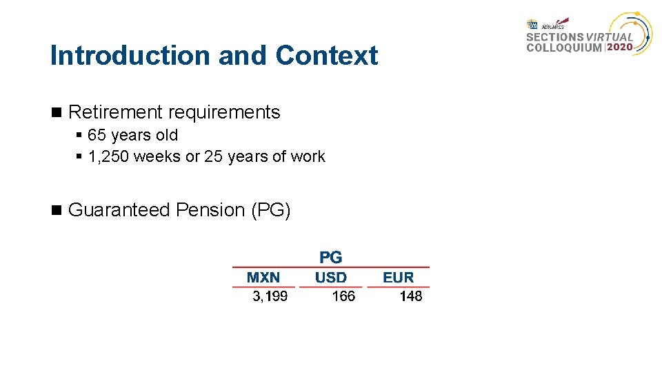 Introduction and Context Retirement requirements § 65 years old § 1, 250 weeks or