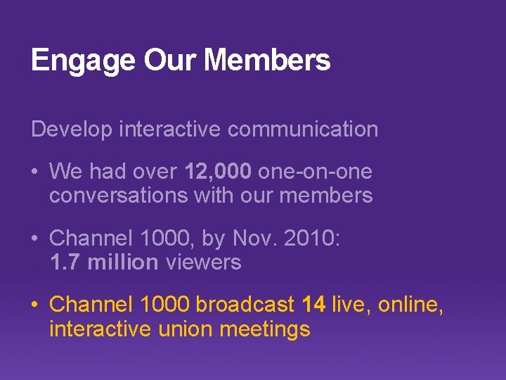 Engage Our Members Develop interactive communication • We had over 12, 000 one-on-one conversations